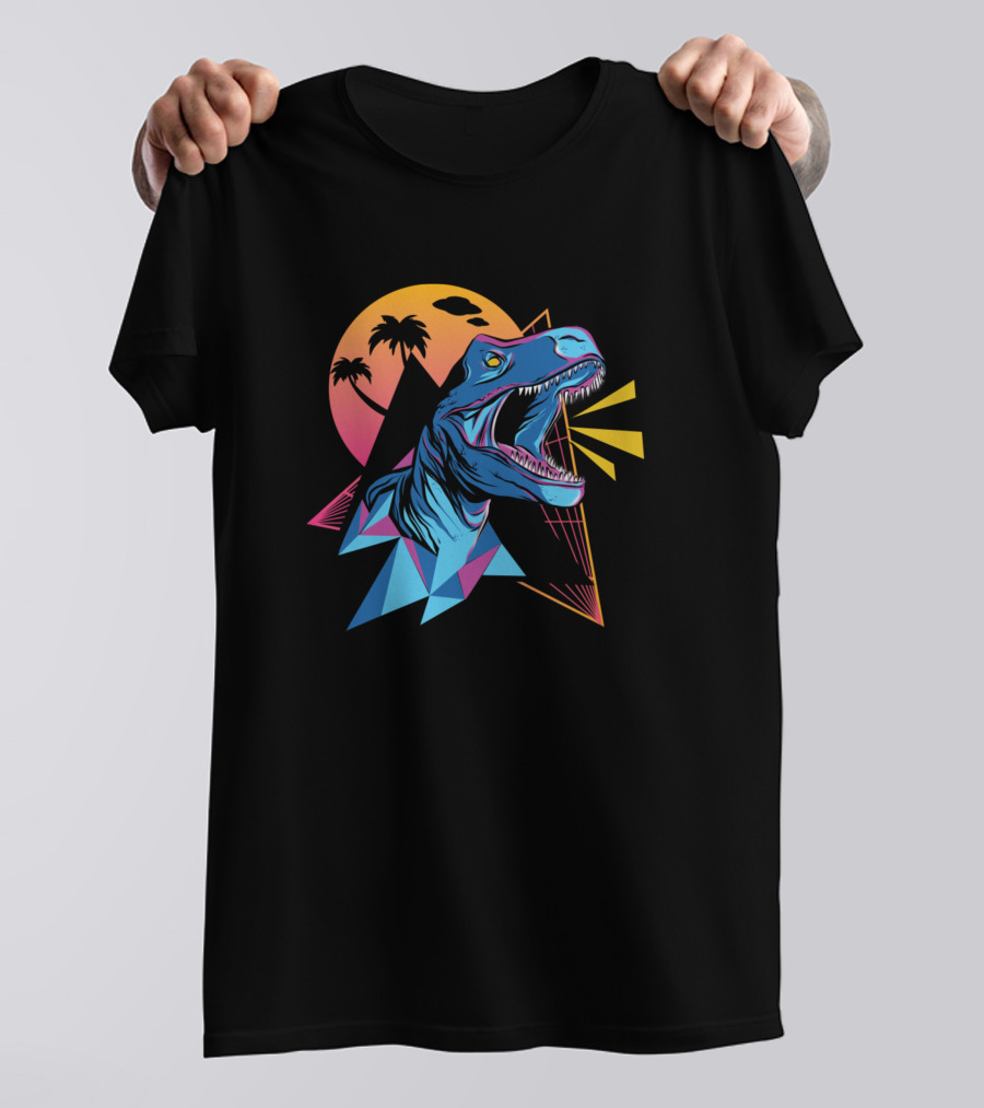 Neon Dinosaur Vaporwave Sunset Aesthetic With Tropical Palm T-Shirt