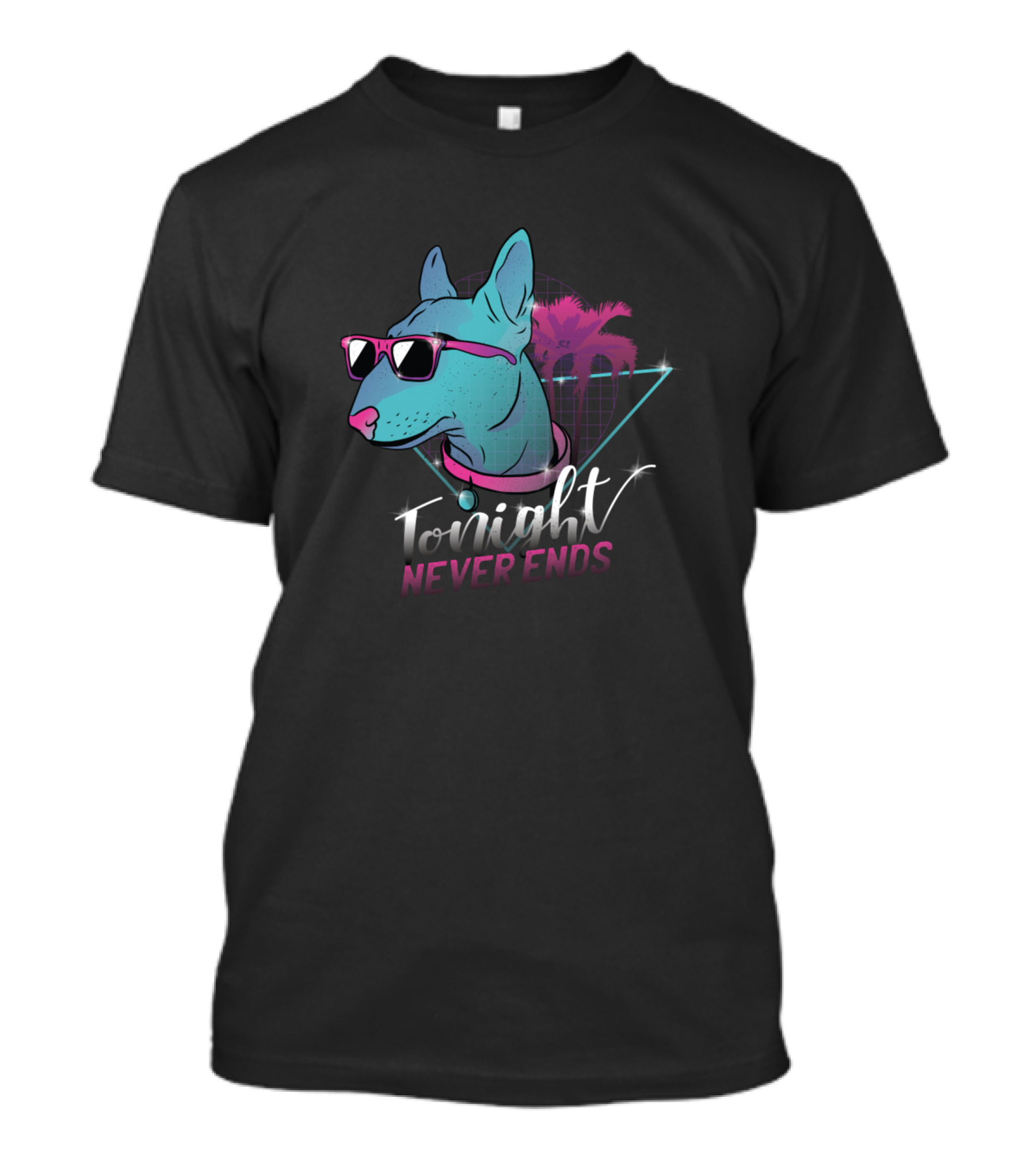 Tonight Never Ends Neon Dog Vaporwave Palm Trees T-Shirt