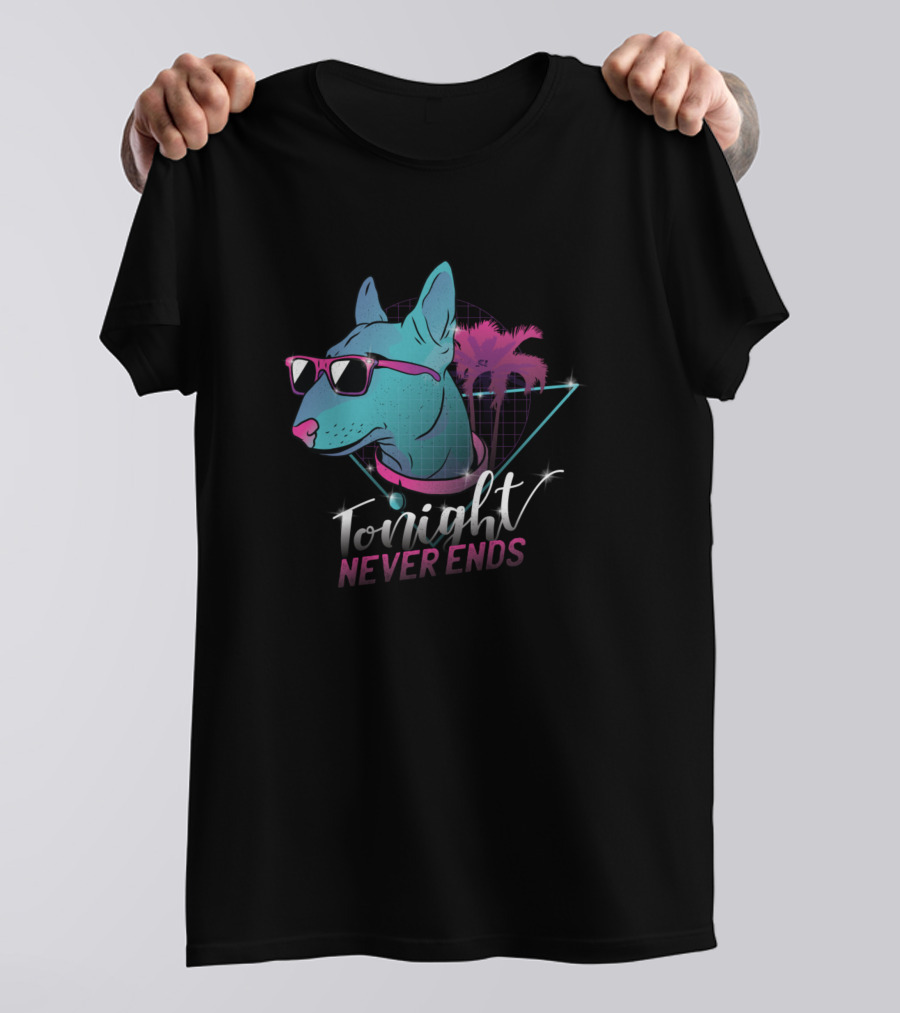 Tonight Never Ends Neon Dog Vaporwave Palm Trees T-Shirt