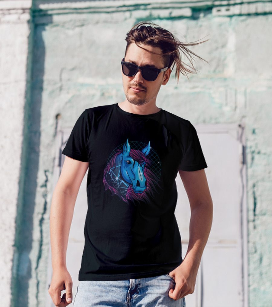 Neon Horse Vaporwave Retro Futuristic Blue Horse Head With Grid Background T-Shirt