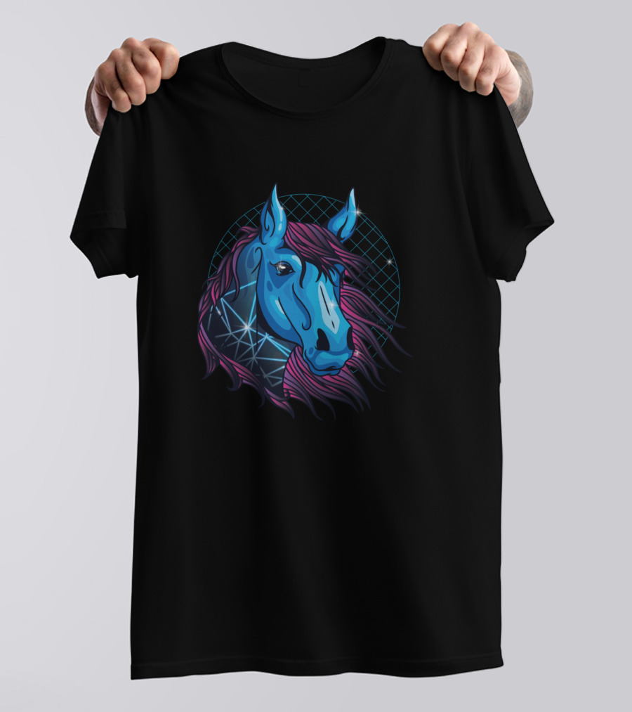 Neon Horse Vaporwave Retro Futuristic Blue Horse Head With Grid Background T-Shirt
