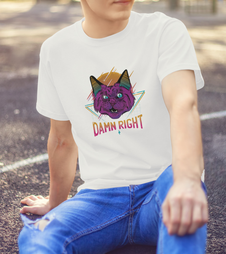 Damn Right Neon Party Cat Vaporwave T-Shirt