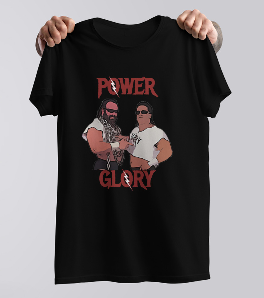 Power And Glory Wrestling Duo With Lightning Bolt Motif T-Shirt