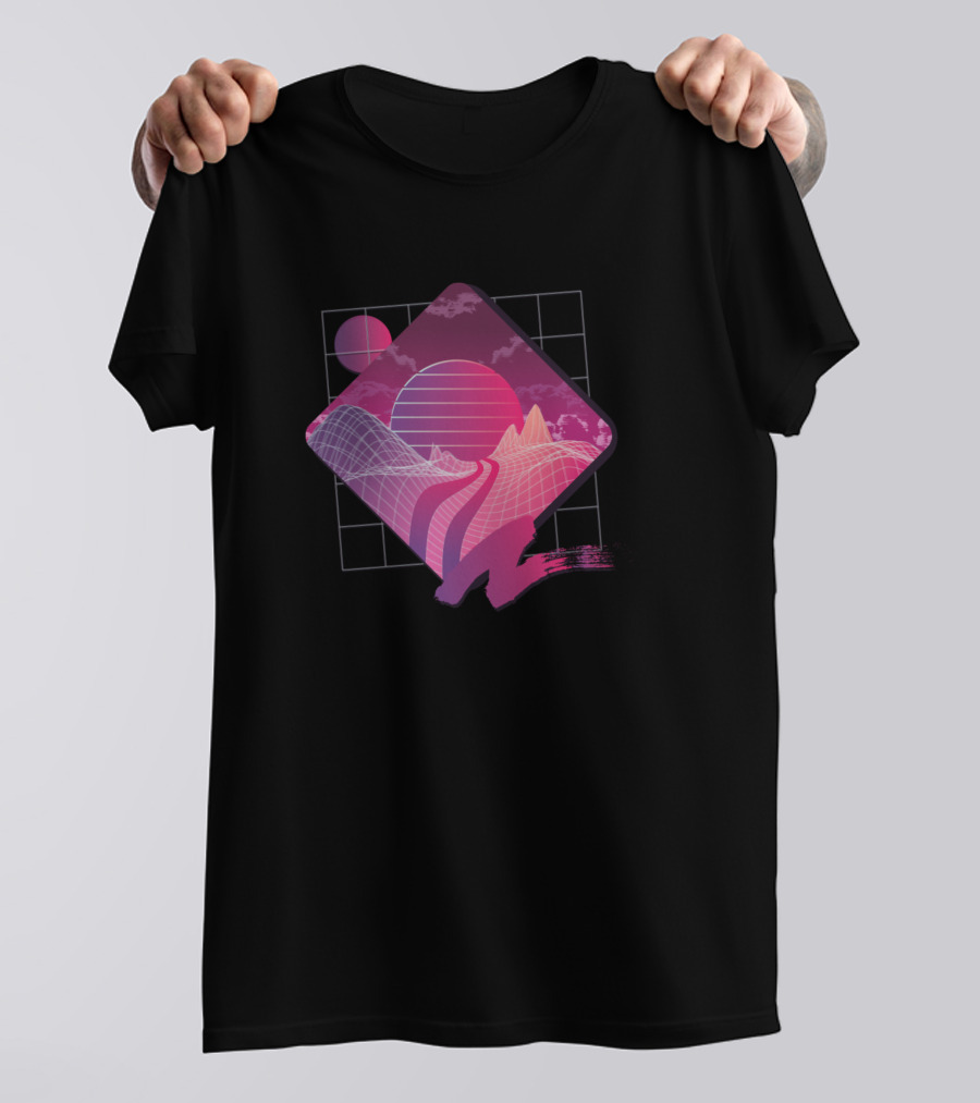 Retrowave Landscape Neon Grid Sunset With Mountains And Road T-Shirt
