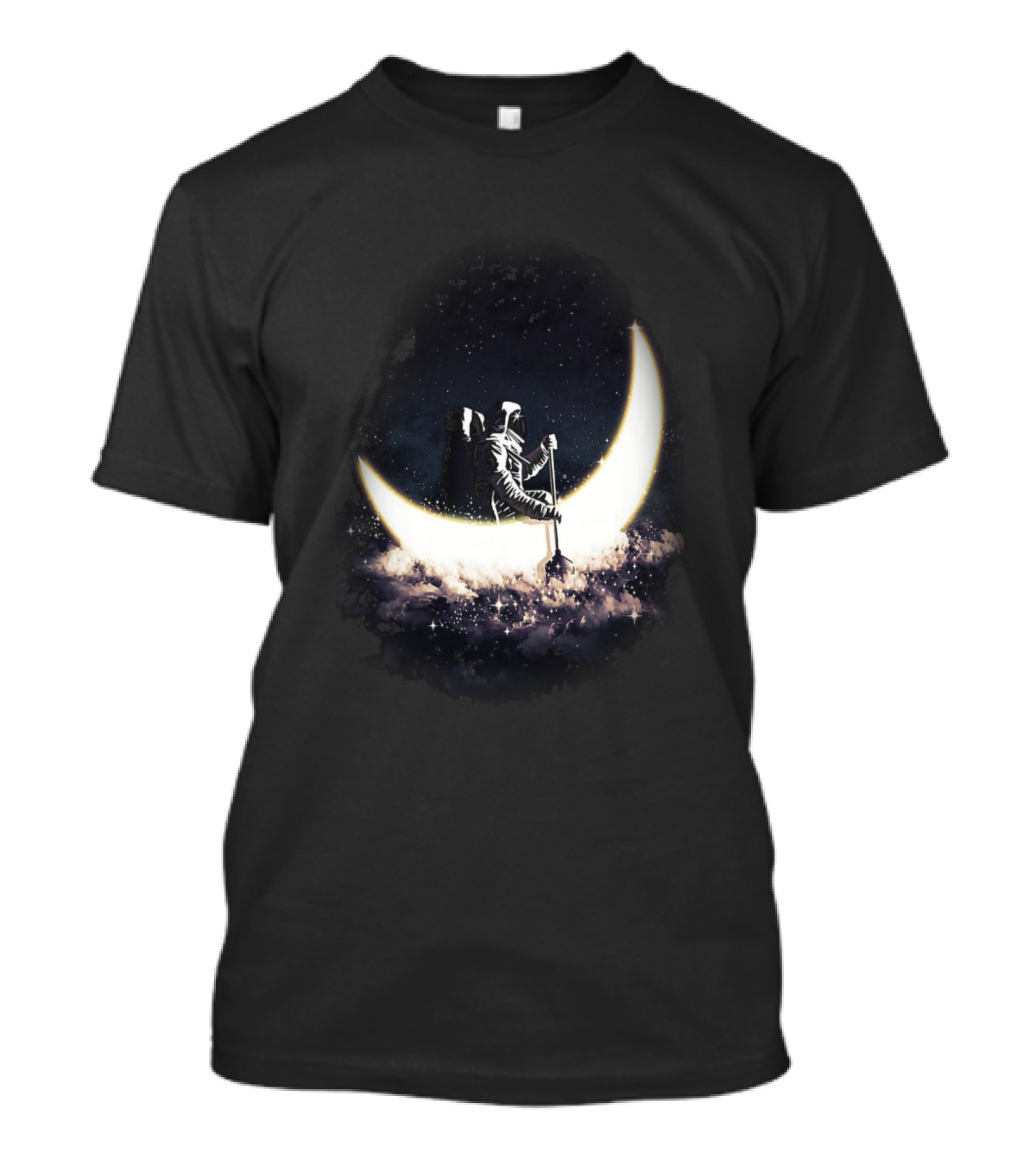 Astronaut Rowing Across Lunar Crescent On Cosmic Clouds T-Shirt