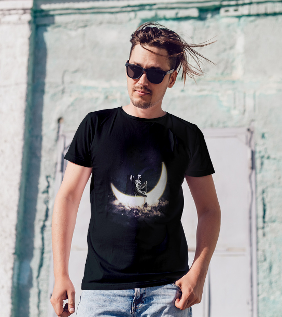 Astronaut Rowing Across Lunar Crescent On Cosmic Clouds T-Shirt