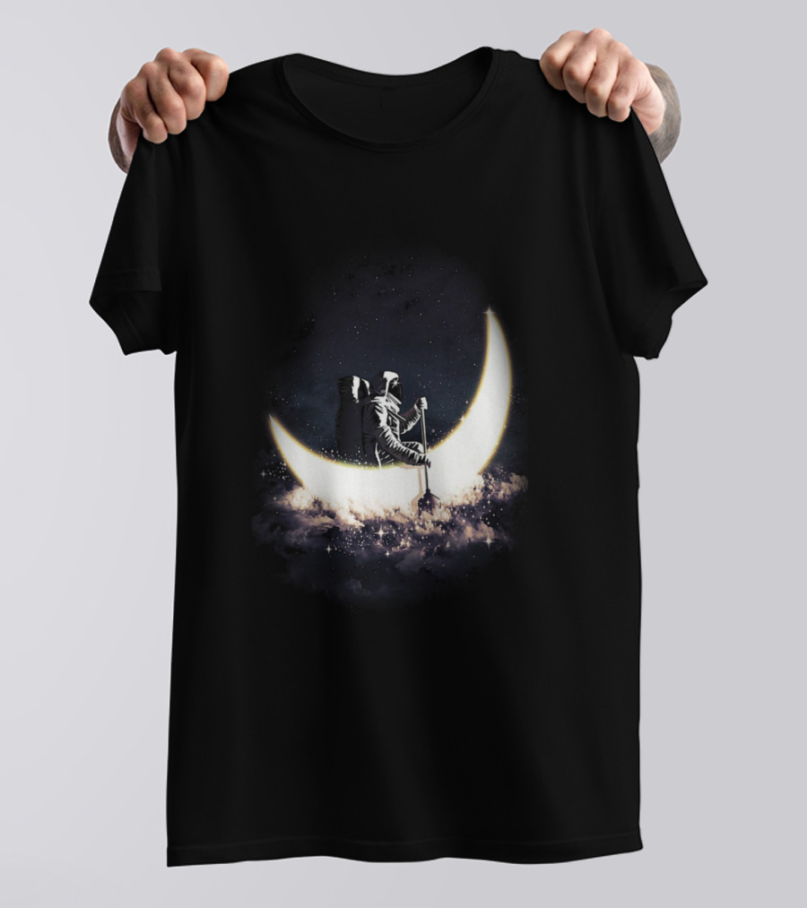 Astronaut Rowing Across Lunar Crescent On Cosmic Clouds T-Shirt
