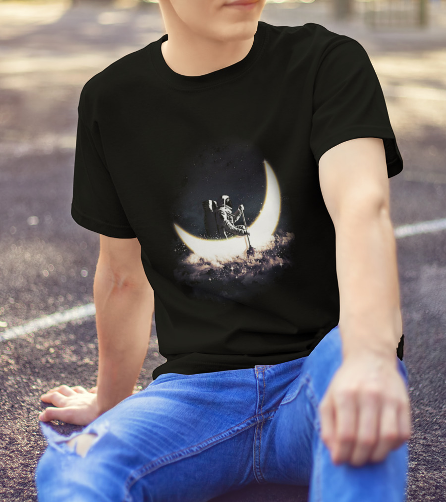 Astronaut Rowing Across Lunar Crescent On Cosmic Clouds T-Shirt