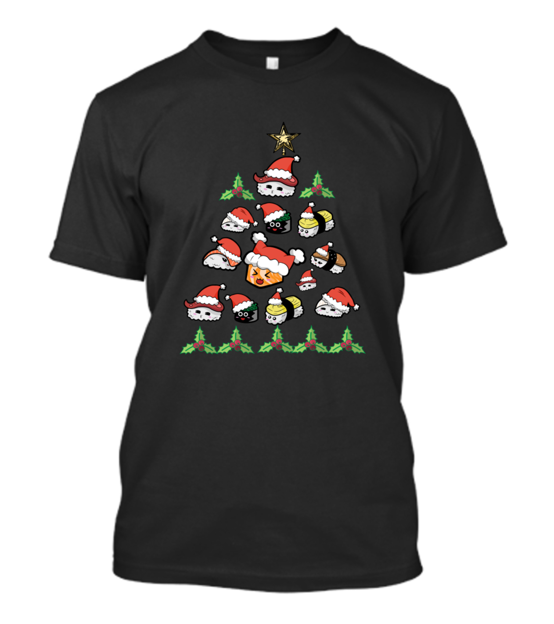 Christmas Tree With Santa Hat Sushi Rolls And Star Topper T-Shirt