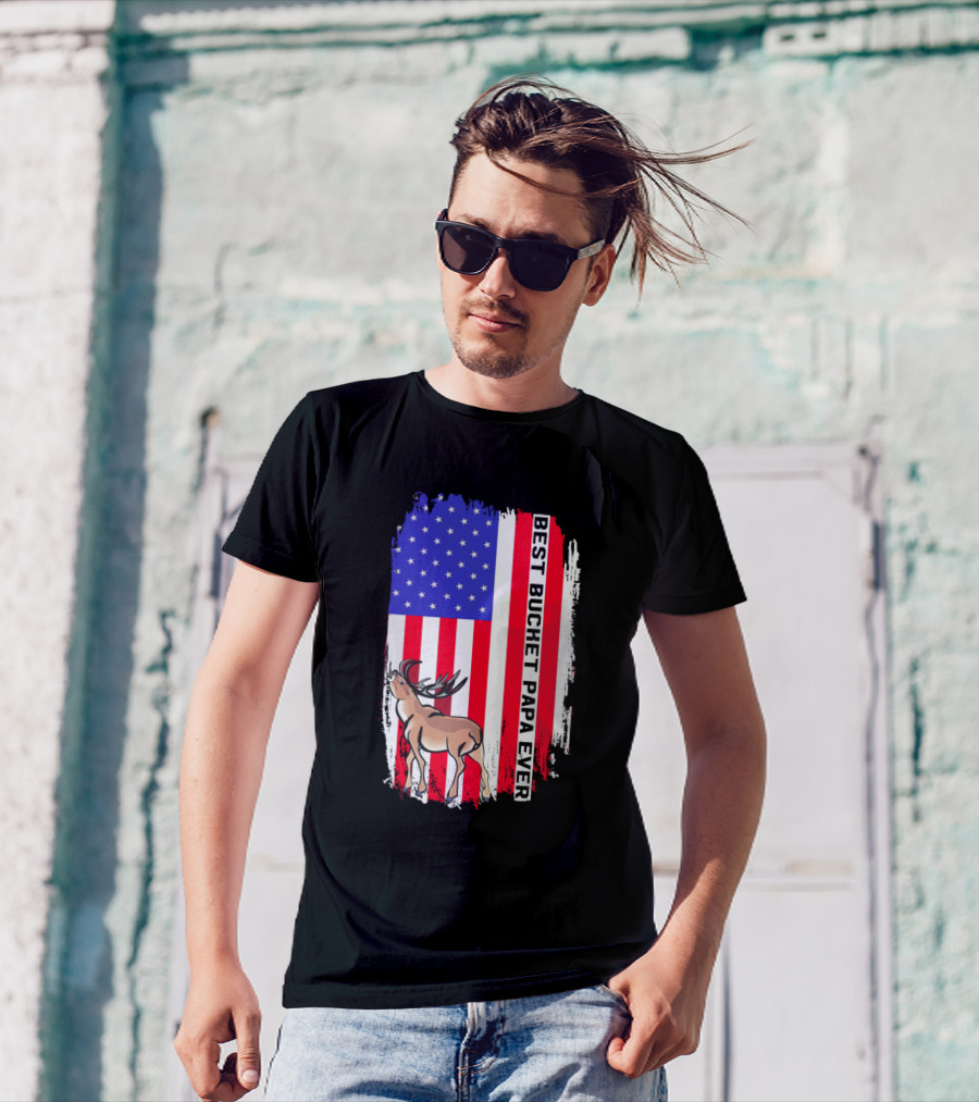 Best Bucket Papa Ever USA Flag Deer T-Shirt