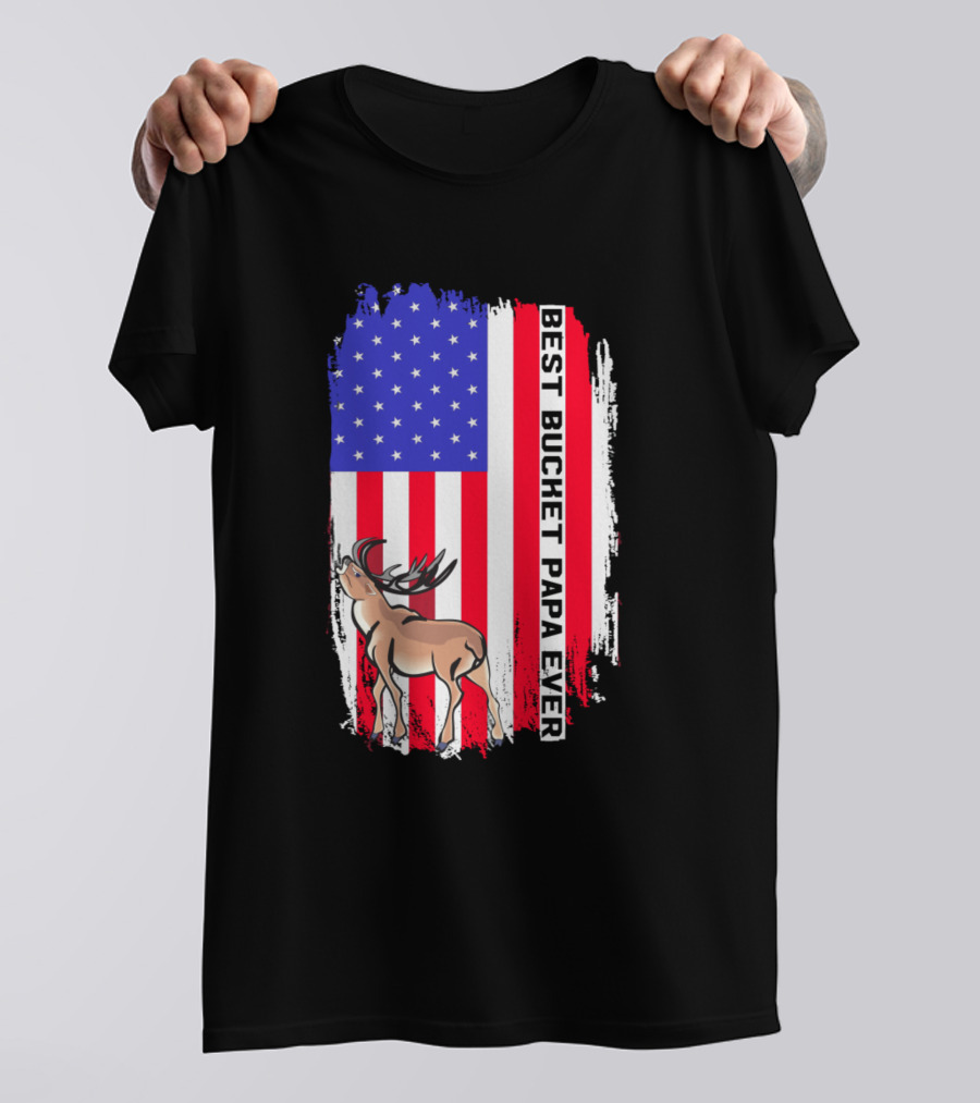 Best Bucket Papa Ever USA Flag Deer T-Shirt
