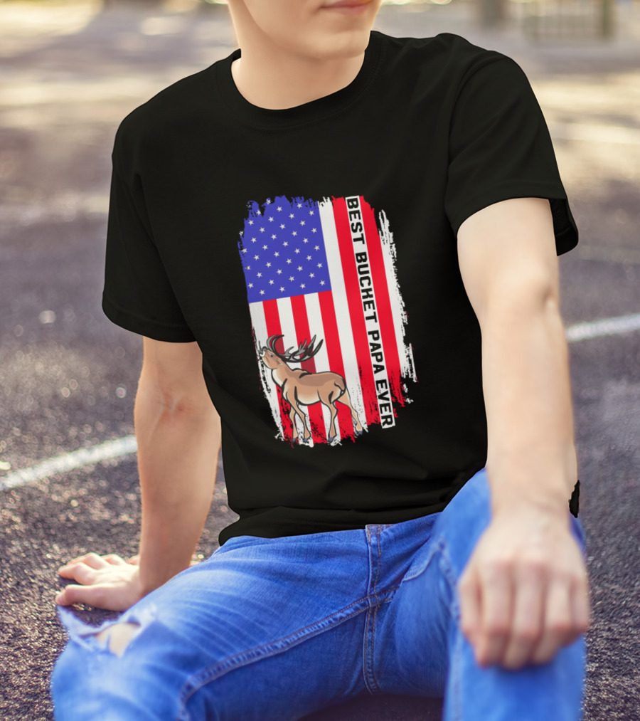 Best Bucket Papa Ever USA Flag Deer T-Shirt