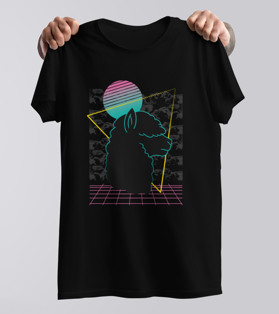 Vaporwave Alpaca Neon Grid Geometric Sunset Synthwave Aesthetic T-Shirt