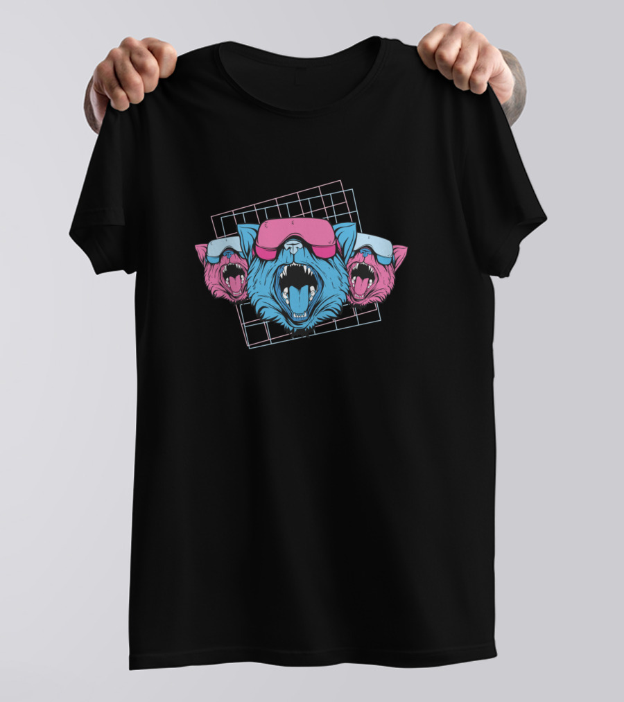 Vaporwave Neon Grid Cats With Sunglasses T-Shirt