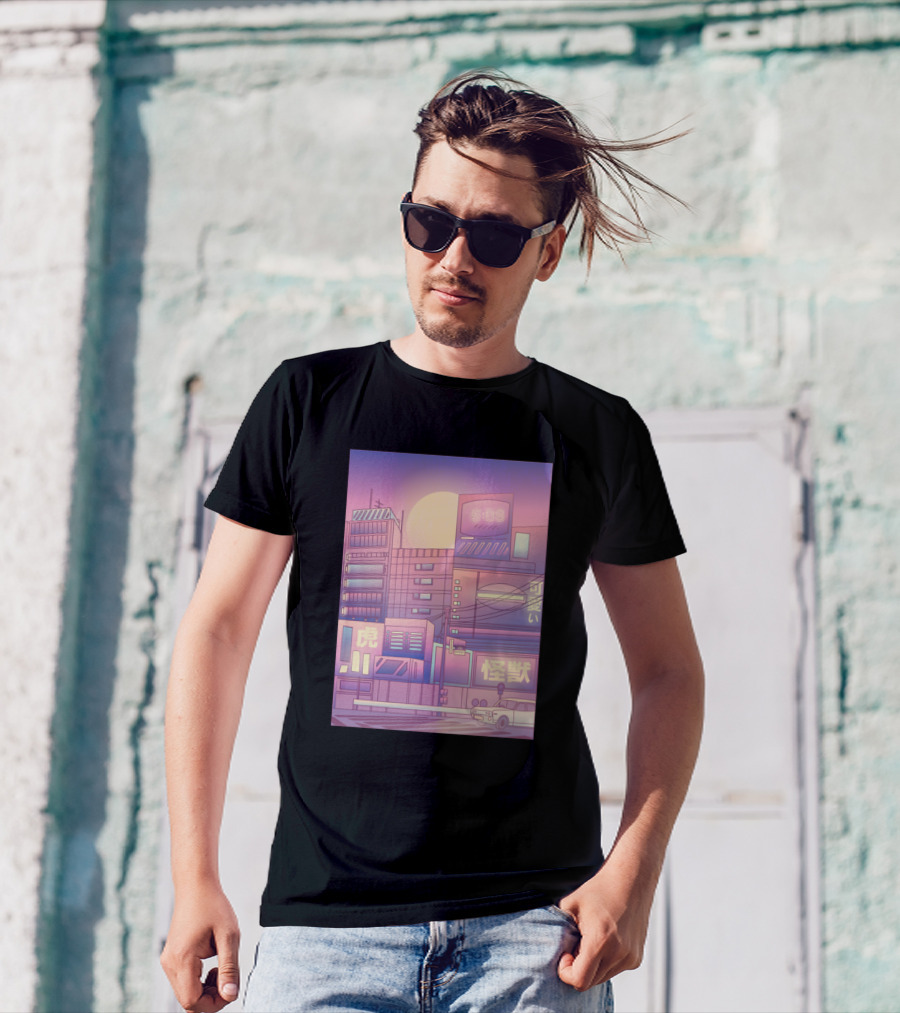 Vaporwave City Moon Neon Signs 5:05 Aesthetic Skyline T-Shirt