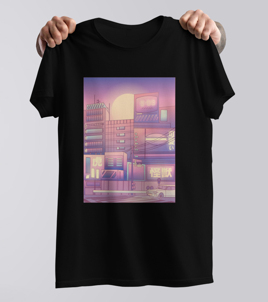 Vaporwave City Moon Neon Signs 5:05 Aesthetic Skyline T-Shirt