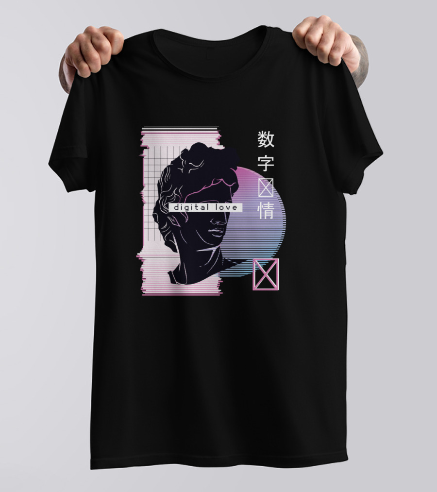 Vaporwave Digital Love Aesthetic With Japanese Characters And Classical Bust T-Shirt