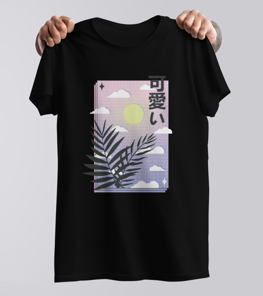 Kawaii Vaporwave Sky Aesthetic With Pastel Sun And Palm Leaves T-Shirt