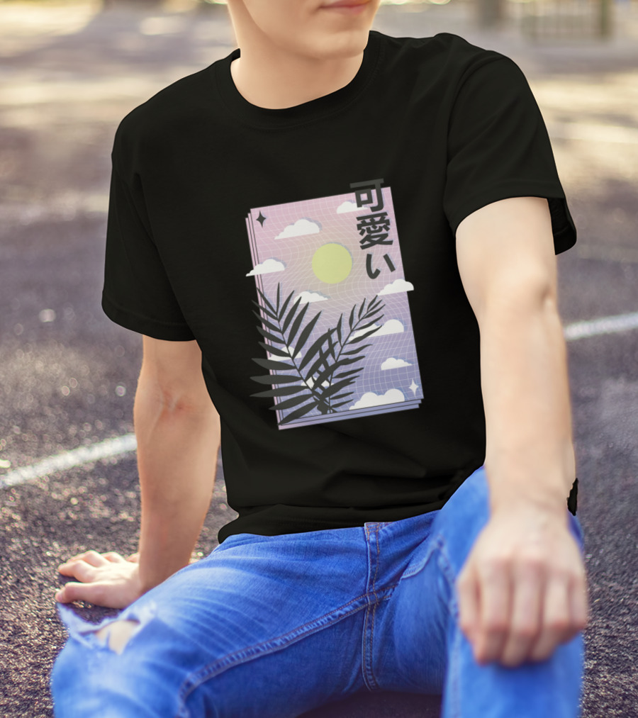 Kawaii Vaporwave Sky Aesthetic With Pastel Sun And Palm Leaves T-Shirt