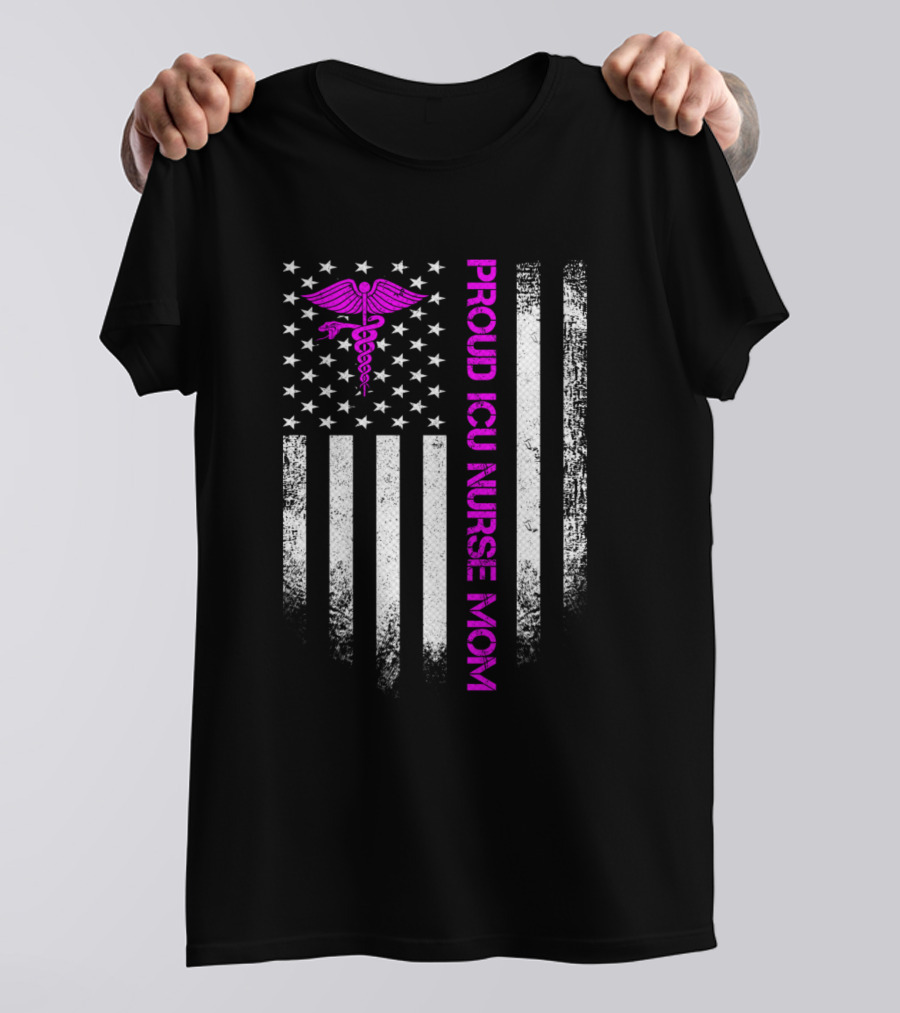 Vintage USA American Flag Proud ICU Nurse Mom Caduceus T-Shirt