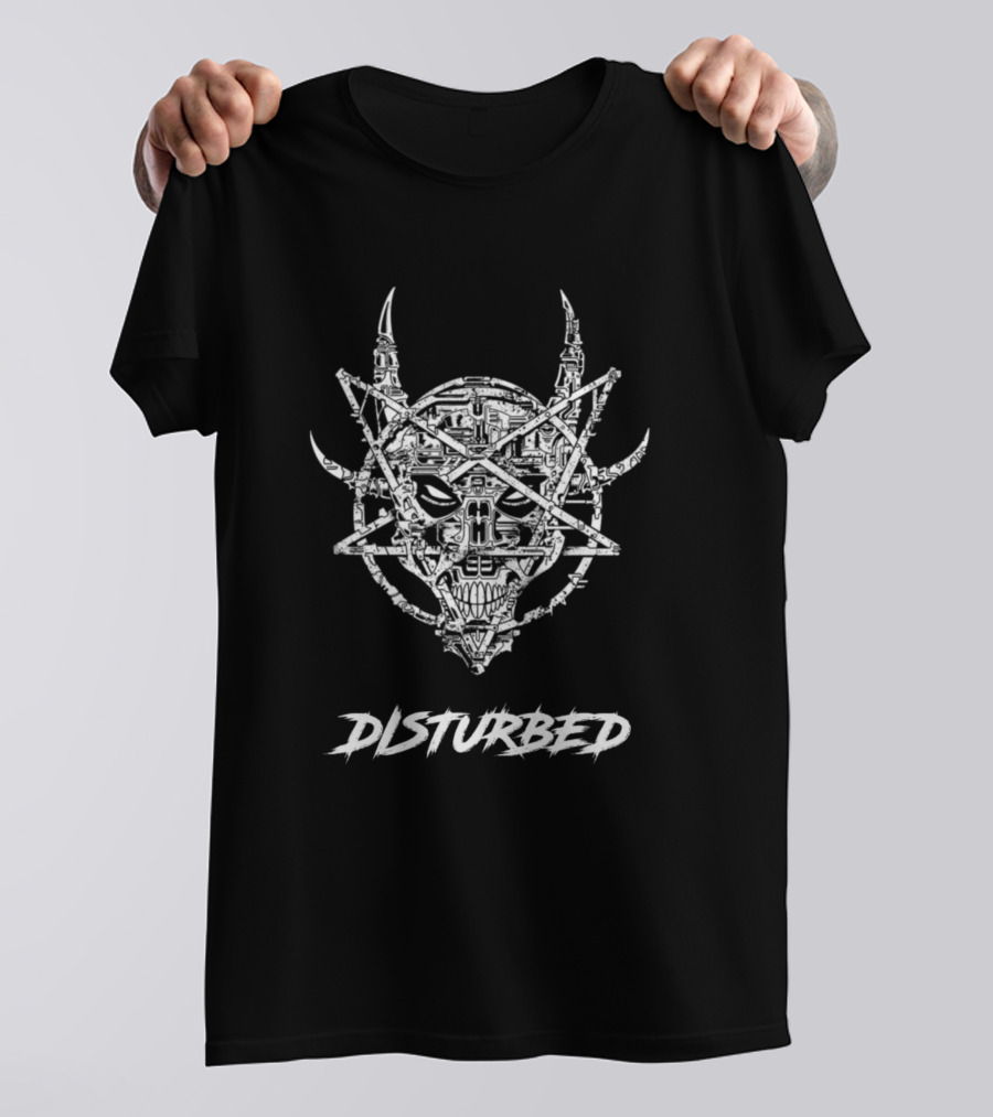 Disturbed Band Emblem White Pentagram Skull T-Shirt
