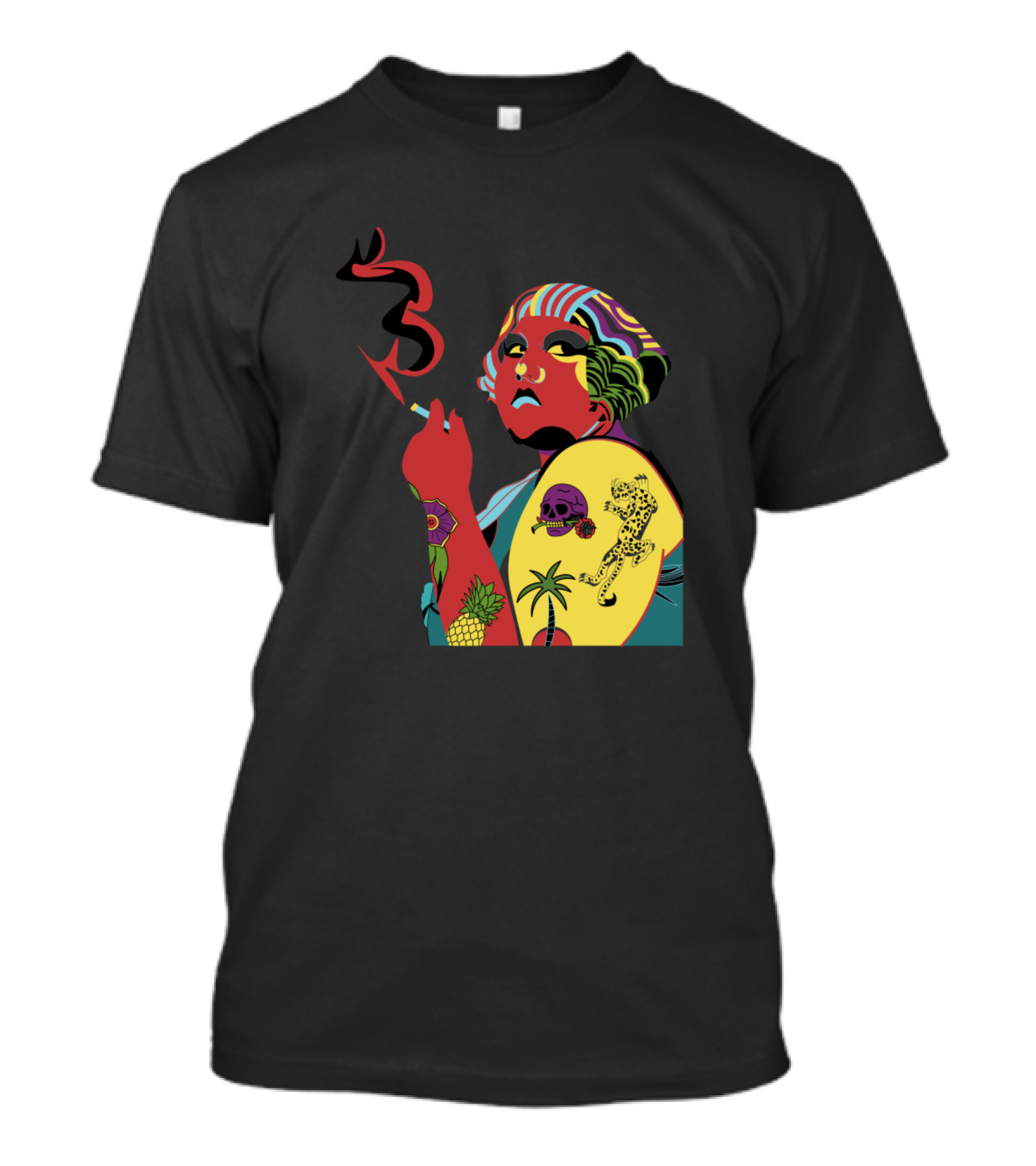 Colorful Retro Tattooed Woman Smoking With Tropical Elements T-Shirt