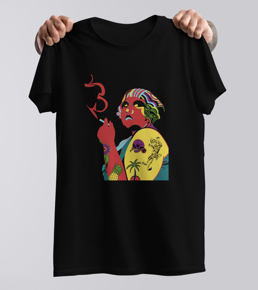 Colorful Retro Tattooed Woman Smoking With Tropical Elements T-Shirt