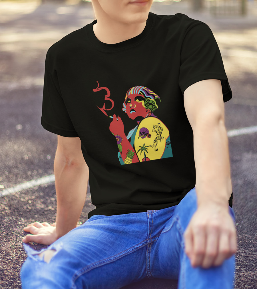 Colorful Retro Tattooed Woman Smoking With Tropical Elements T-Shirt