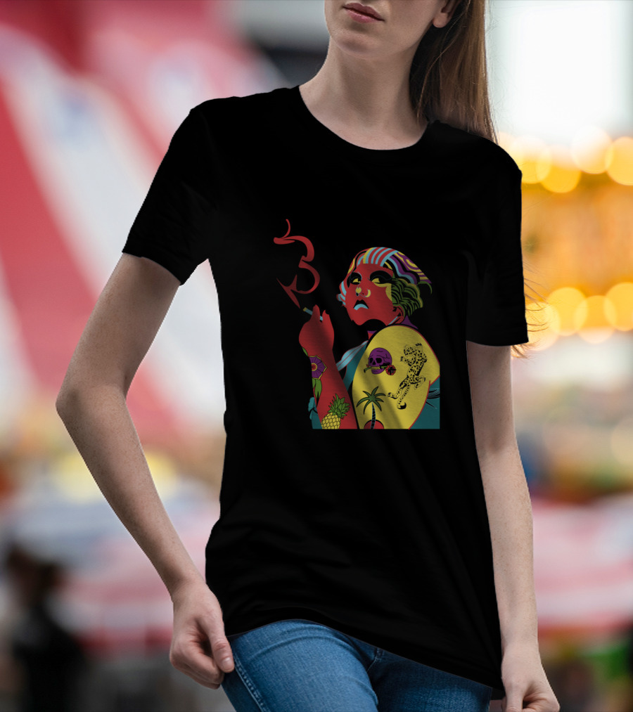 Colorful Retro Tattooed Woman Smoking With Tropical Elements T-Shirt