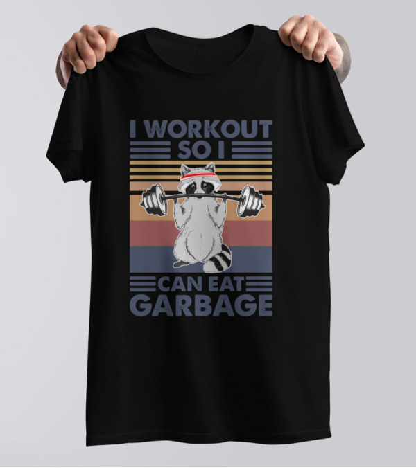 I Workout So I Can Eat Garbage Raccoon Lifting Weights Retro Stripes T-Shirt