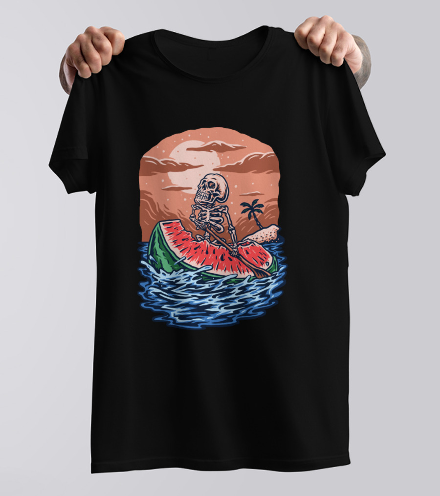 Skeleton Rowing Watermelon Boat Under Sunset T-Shirt