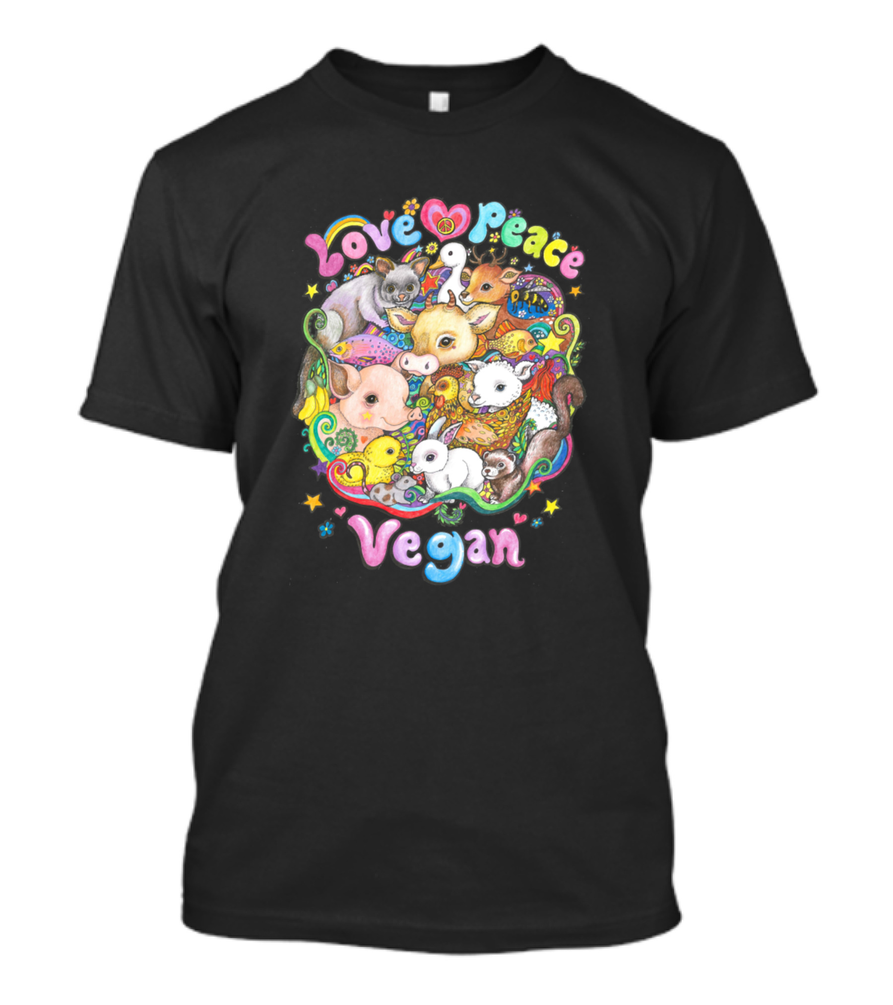 Love Peace Vegan Animal Friends Circle With Colorful Farm Creatures T-Shirt