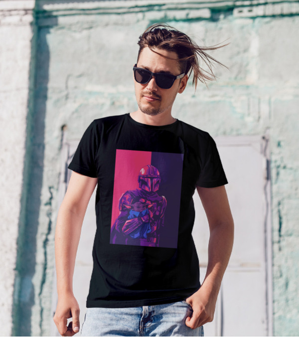 Mandolarian Holding Alien Baby In Retro Color Split T-Shirt