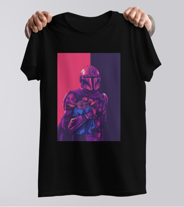 Mandolarian Holding Alien Baby In Retro Color Split T-Shirt