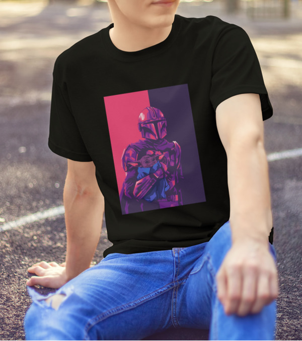 Mandolarian Holding Alien Baby In Retro Color Split T-Shirt