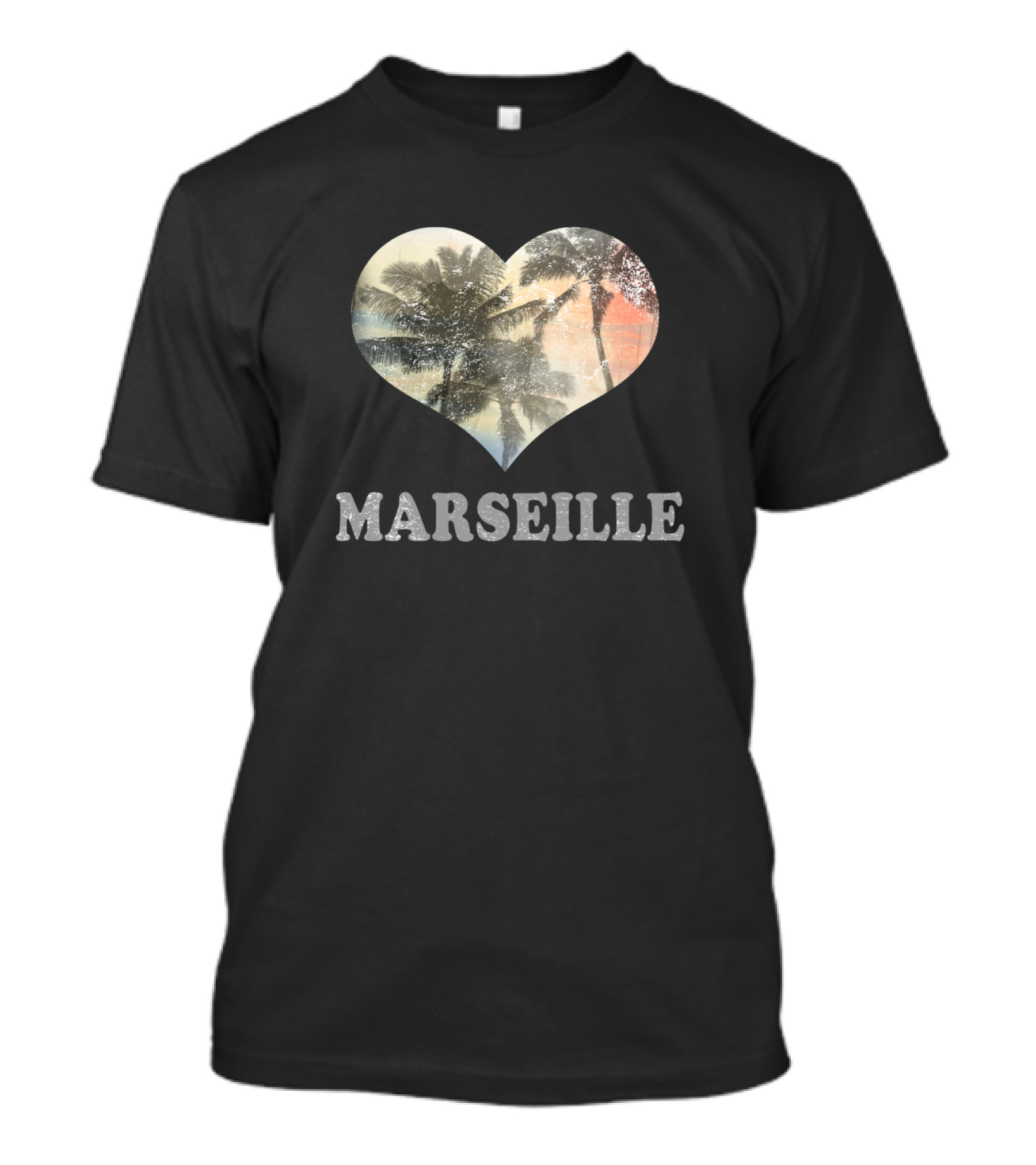 Marseille Vacation Souvenir Heart Sunset Beach Palm Tree T-Shirt