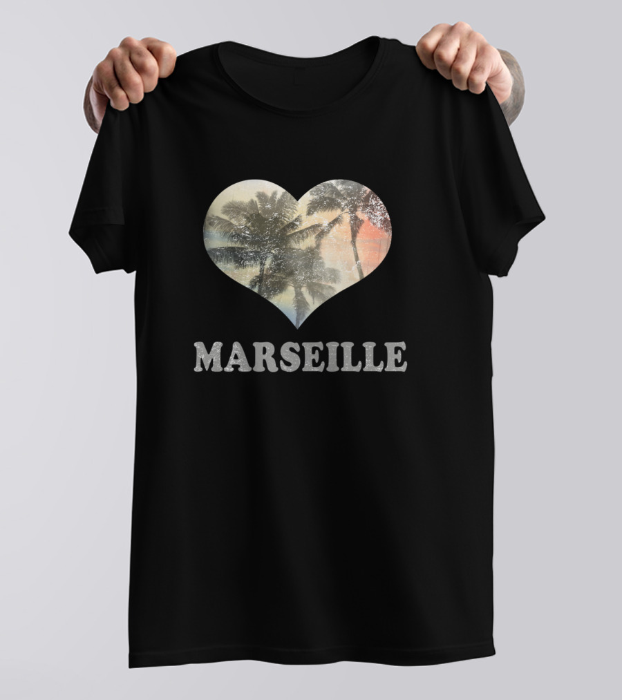 Marseille Vacation Souvenir Heart Sunset Beach Palm Tree T-Shirt