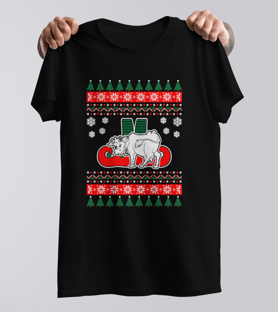 Merry Cow Ugly Christmas Funny Salty 59 Snowflake Pattern And Christmas Trees T-Shirt