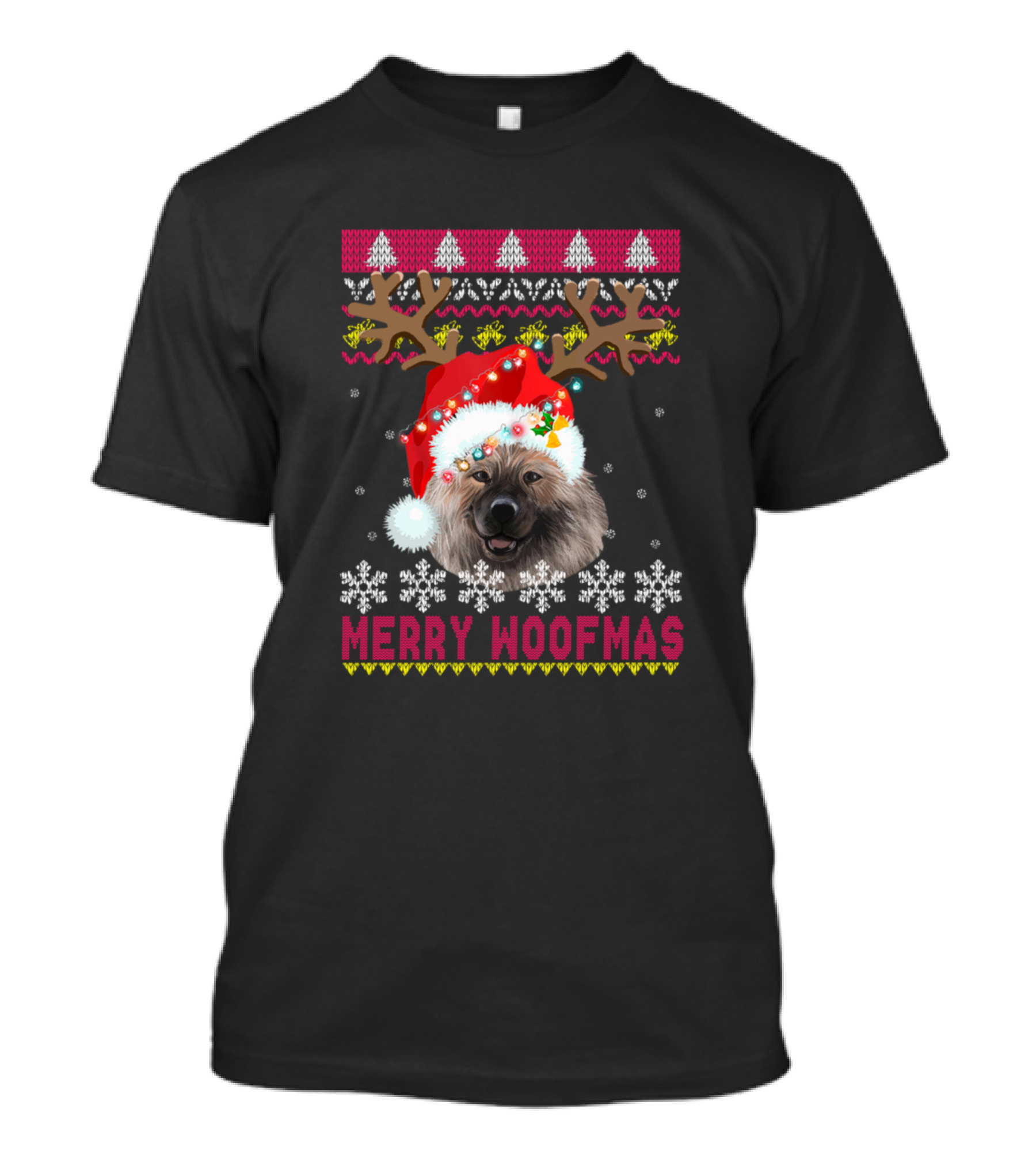 Merry Woofmas Keeshond Ugly Christmas Sweater Reindeer Antlers Santa Hat Snowflakes T-Shirt