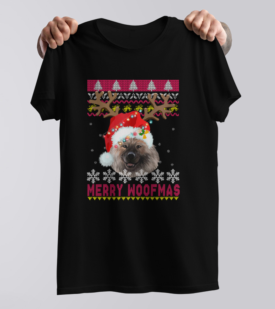 Merry Woofmas Keeshond Ugly Christmas Sweater Reindeer Antlers Santa Hat Snowflakes T-Shirt