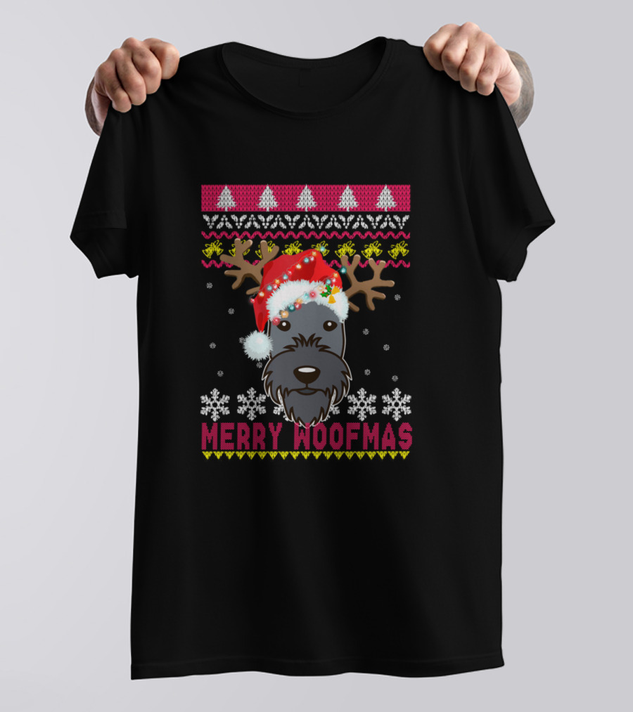 Merry Woofmas Kerry Blue Terrier Christmas Reindeer Antlers Santa Hat Snowflakes Holiday T-Shirt