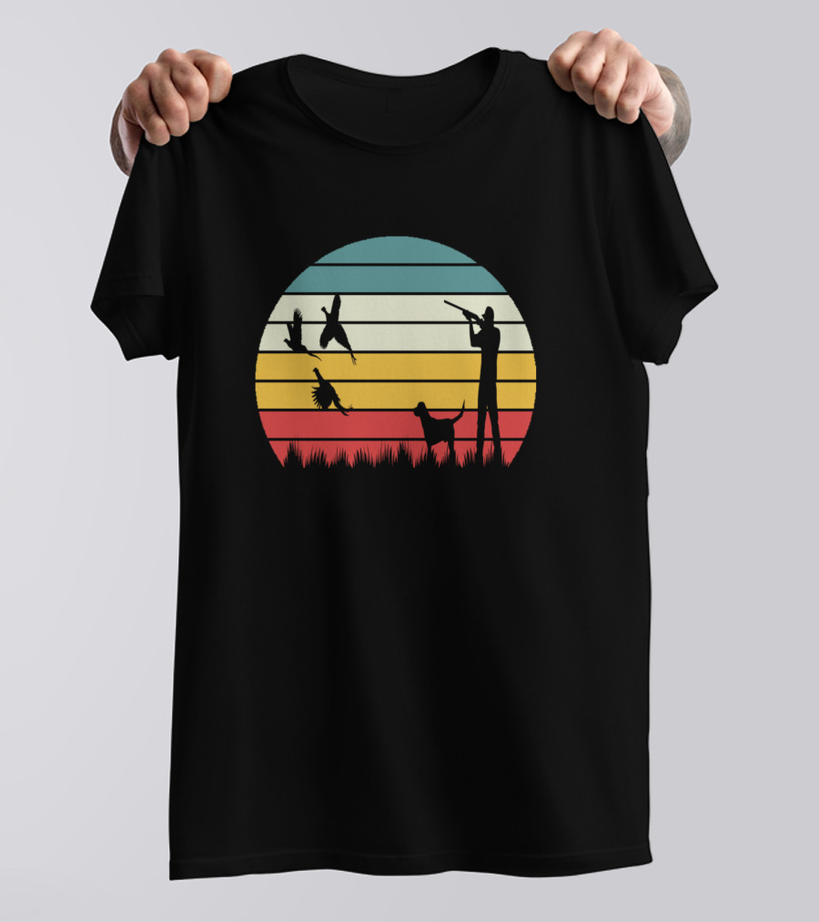 Mn Duck Hunter Silhouette With Dog And Flying Birds Retro Stripes T-Shirt