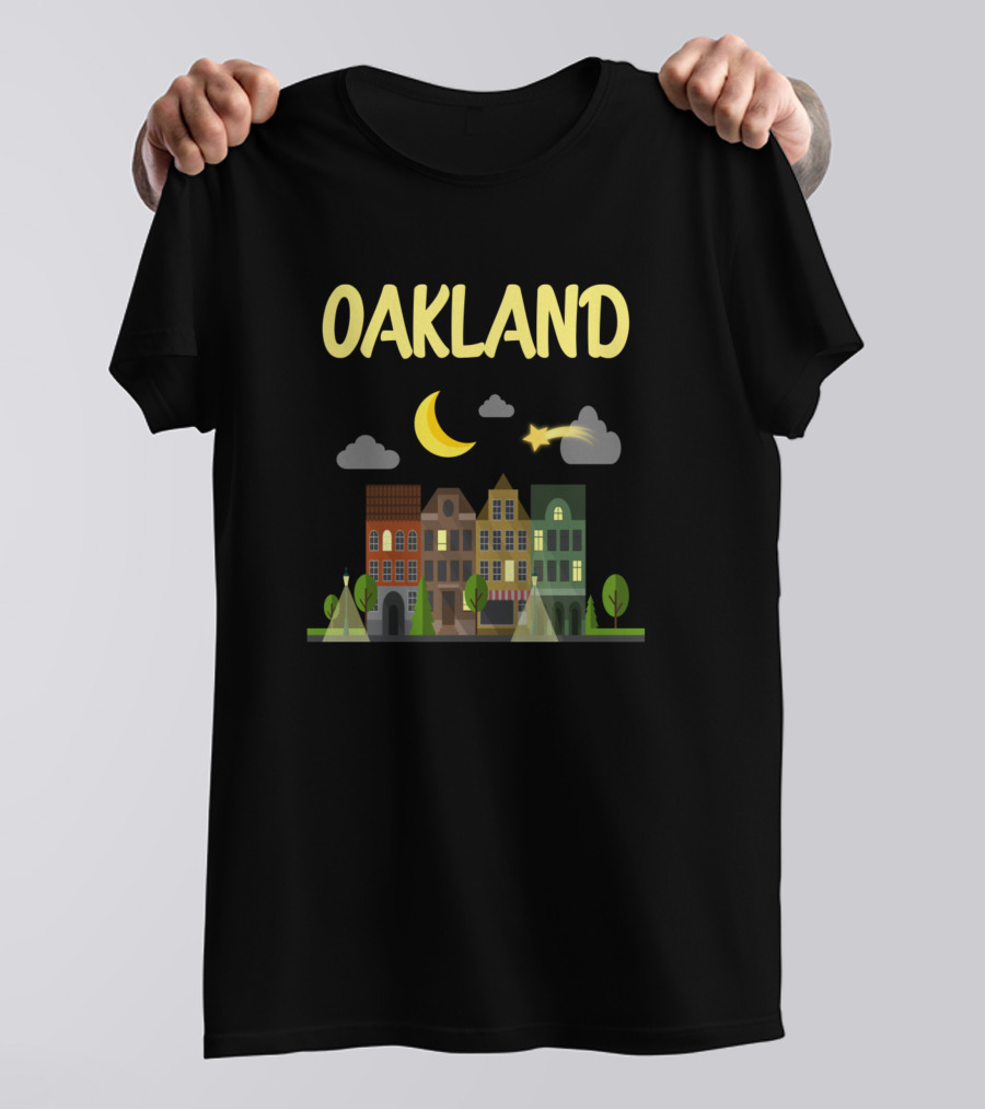 Oakland Night Cityscape Crescent Moon And Stars T-Shirt