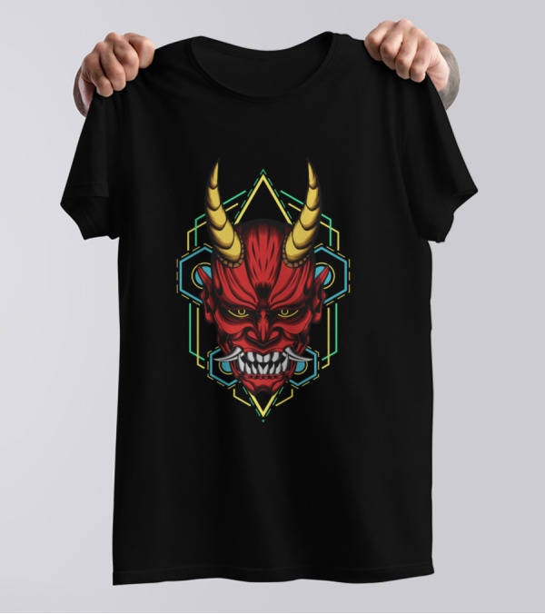 Oni Mask Japanese Demon Horns Geometric T-Shirt