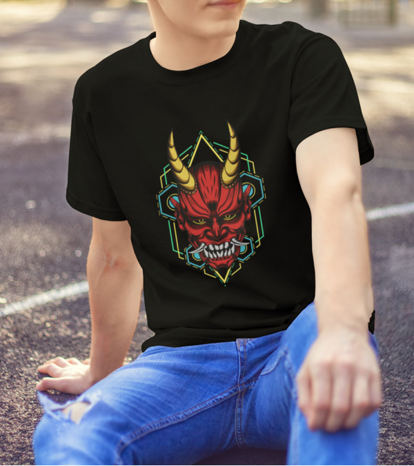Oni Mask Japanese Demon Horns Geometric T-Shirt