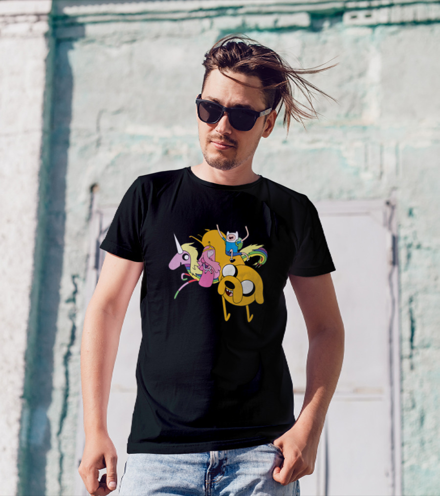 Adventure Time Finn Jake And Princess Bubblegum Riding Lady Rainicorn T-Shirt