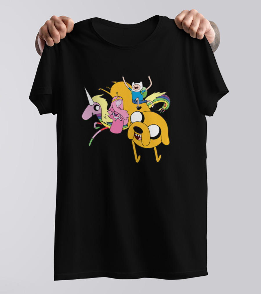 Adventure Time Finn Jake And Princess Bubblegum Riding Lady Rainicorn T-Shirt