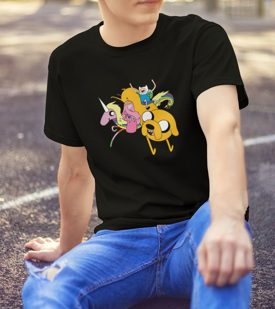 Adventure Time Finn Jake And Princess Bubblegum Riding Lady Rainicorn T-Shirt