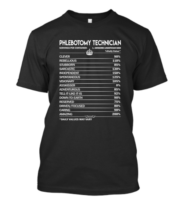 Phlebotomy Technician Clever Rebellious Stubborn Sarcastic Independent Spontaneous Visionary Adventurous Daily Values May Vary T-Shirt