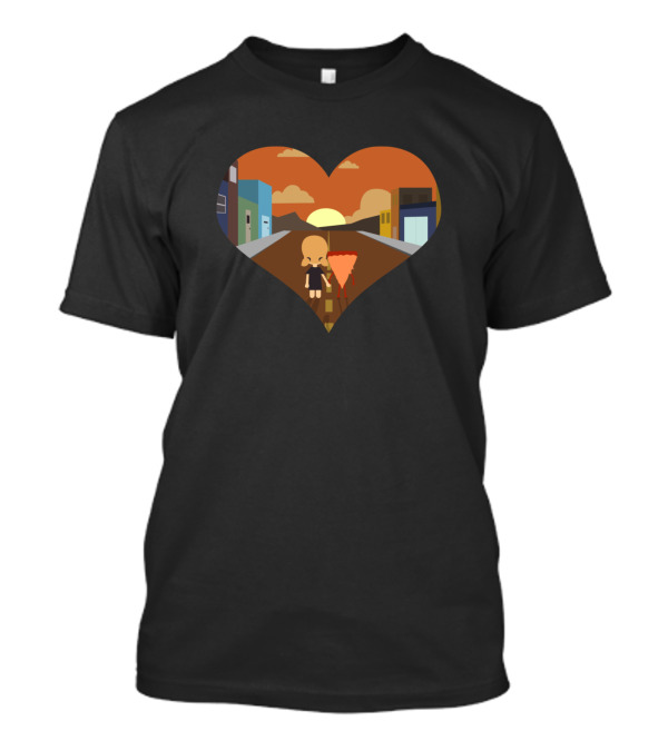 Blonde Girl With Pizza Walking At Sunset In Heart-Shaped Cityscape T-Shirt